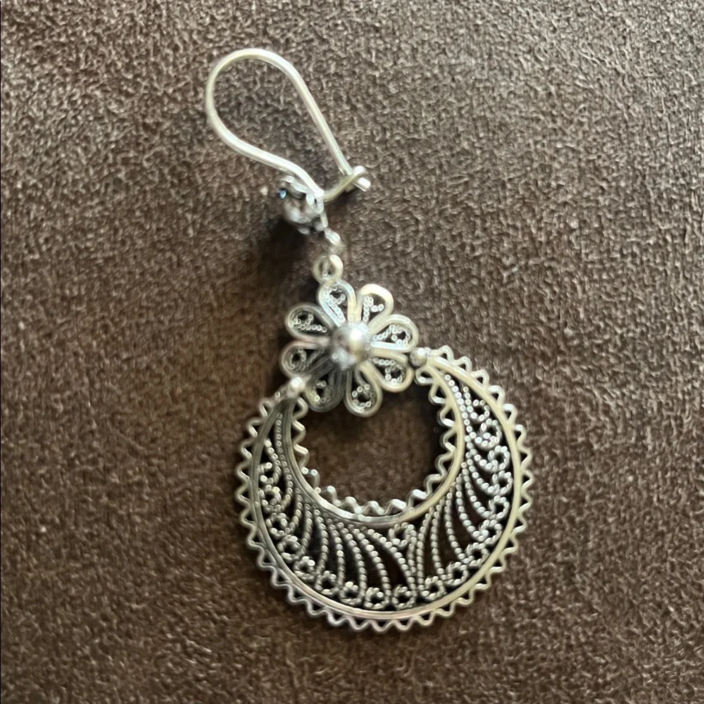 Sterling Silver Turkey Signed Filigree Crescent Moon Floral Dangle Earrings - Picture 4 of 11